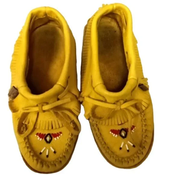 Laurentian Chief Fringed Moose Hide Leather Earthing Moccasins Tan Beaded Size 5 - Picture 6 of 11